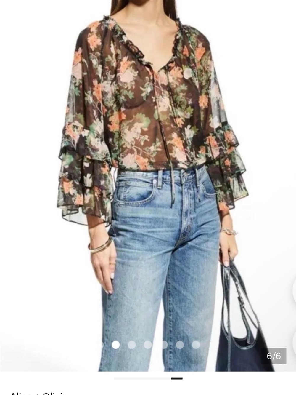 Alice & Olivia Kallie Ruffle Sleeve Black Floral Top Size Large